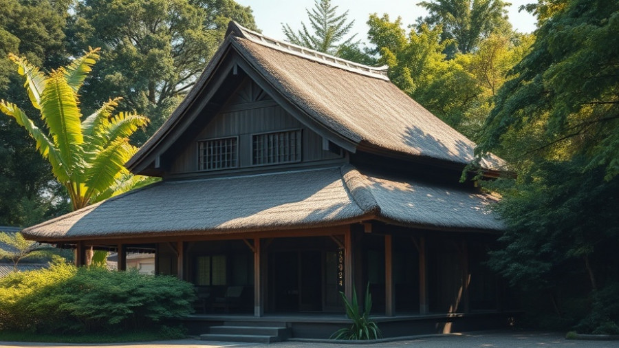 Traditional thatched-roof building illustrating sustainable sake brewing architecture.