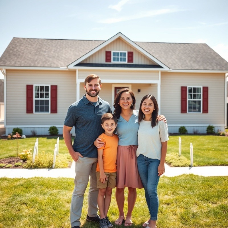 Happy family of four celebrating in front of their new beige modular home.