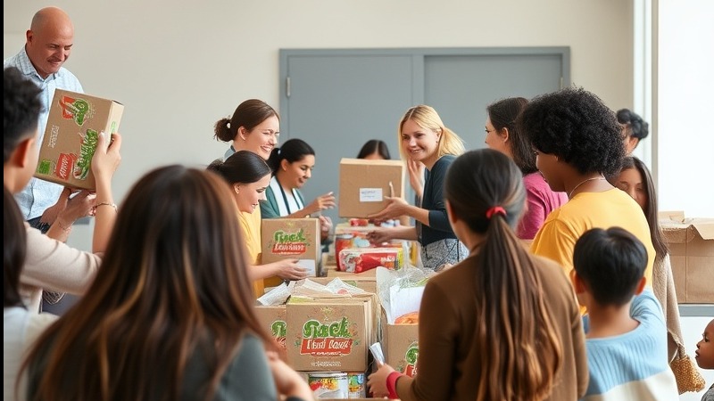 Cheerful volunteers at a food bank organizing packaged food for families.