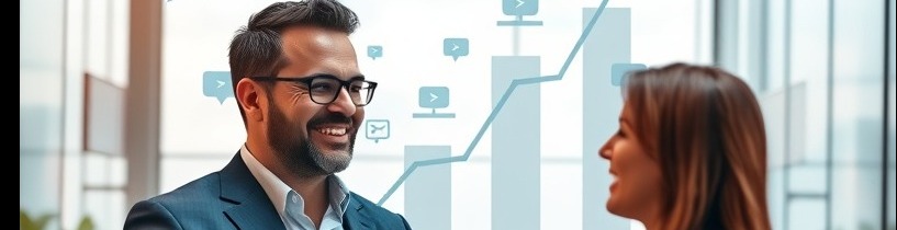 Confident business owner in modern office with growth graphs and media icons.