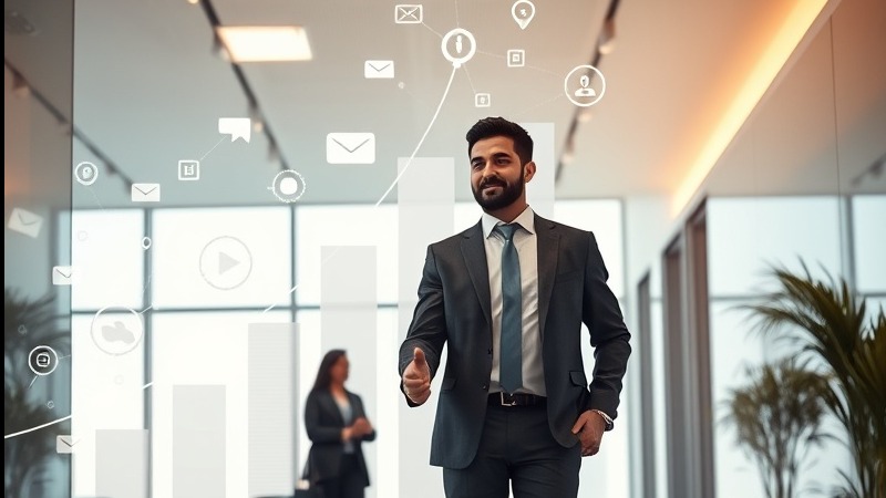 A confident business owner in a modern office symbolizes media growth and opportunity.