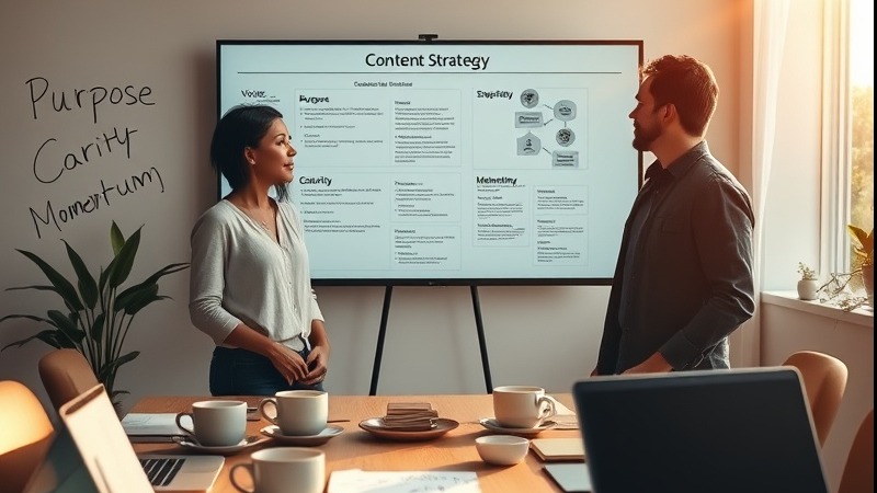 Modern creative studio with strategists discussing content strategy and wireframe.
