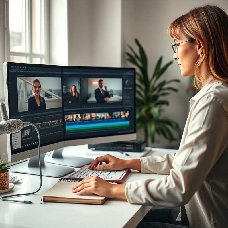 Professional woman video editing in a bright, modern workspace with software tools.