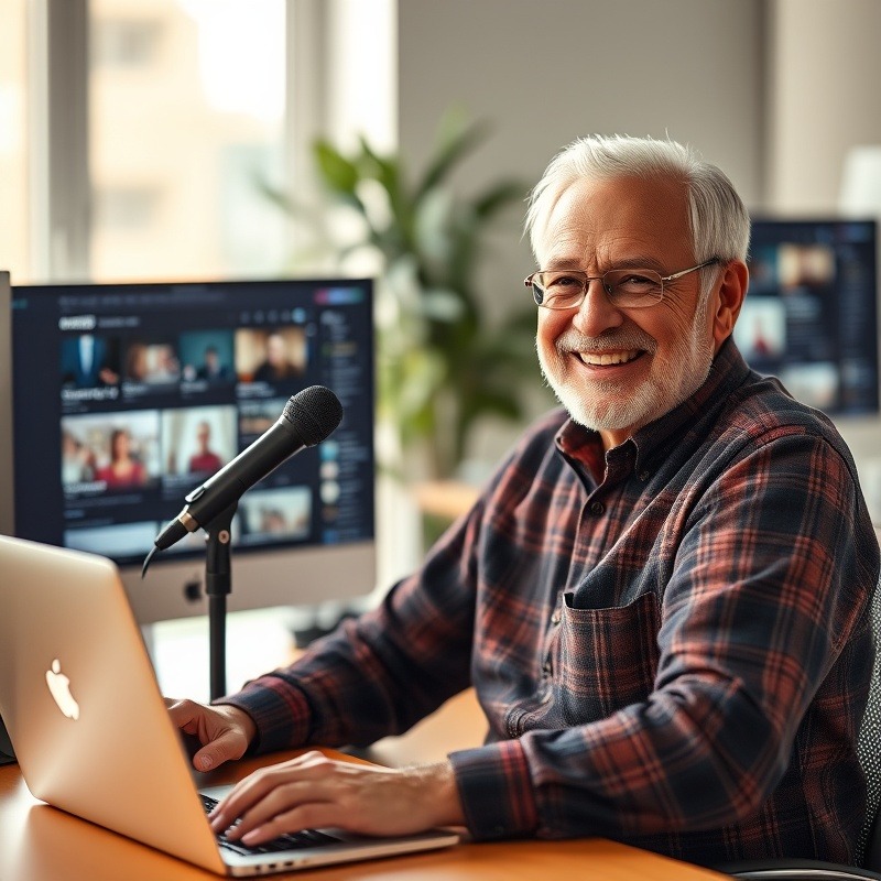 Empowered educator in modern workspace engaging digital audience with vibrant energy.