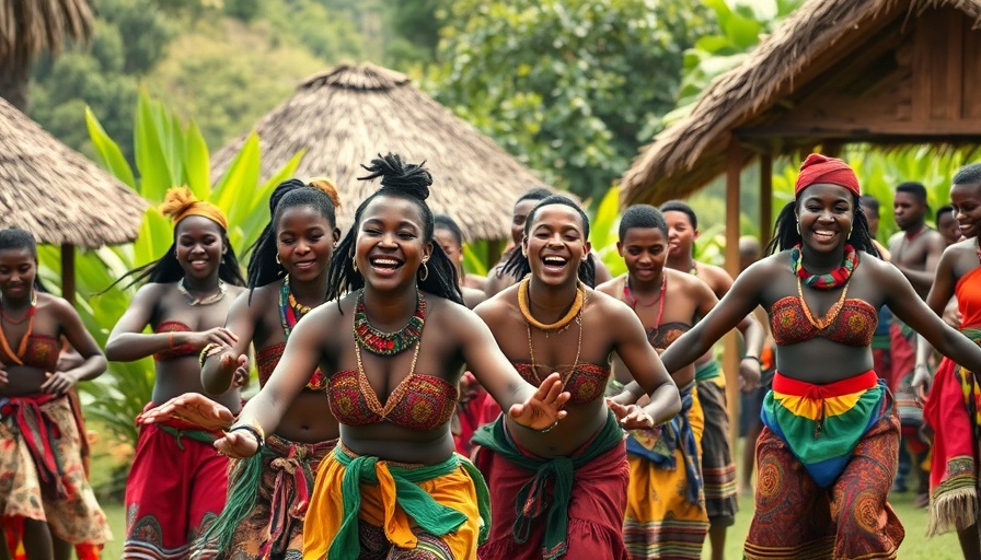 Joyful African dance group performing traditional dance in village.