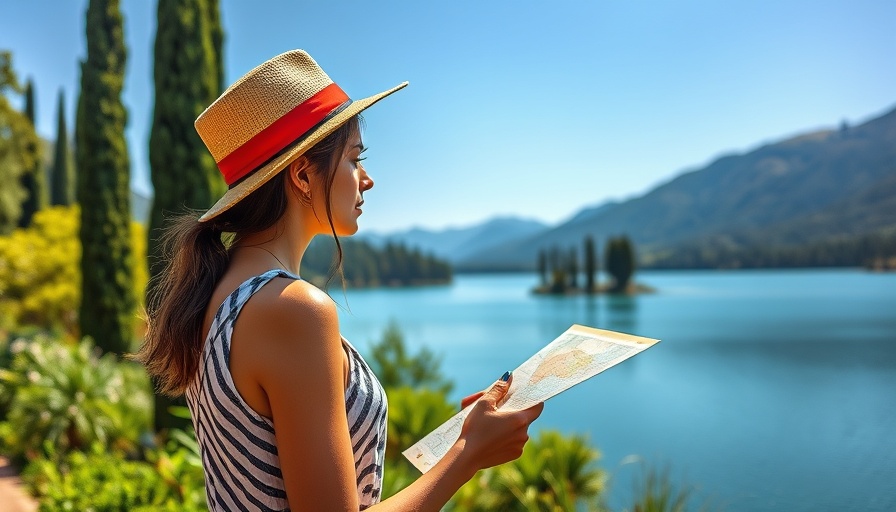 Young woman with map enjoying sustainable tourism by a lake.