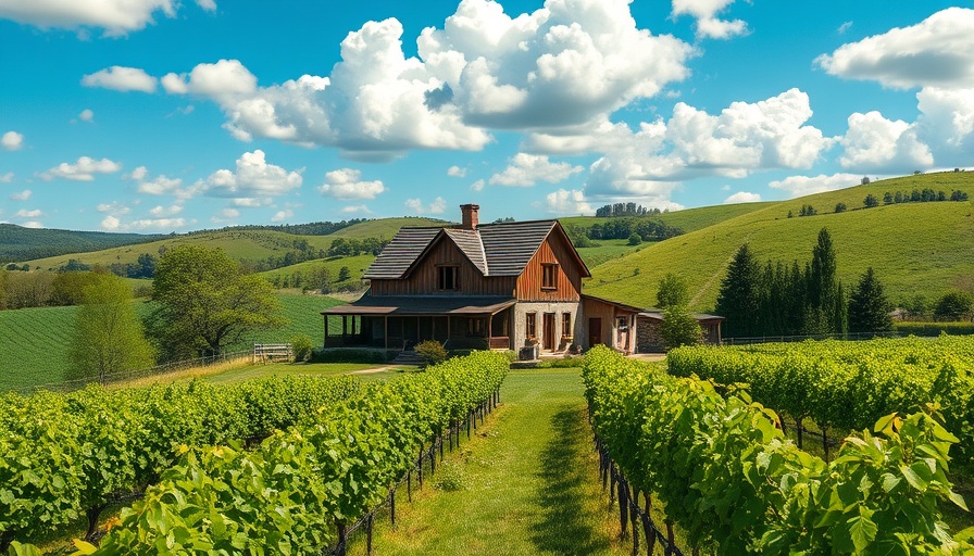 Charming farmhouse on a sustainable farm stay, surrounded by vineyards under blue sky.
