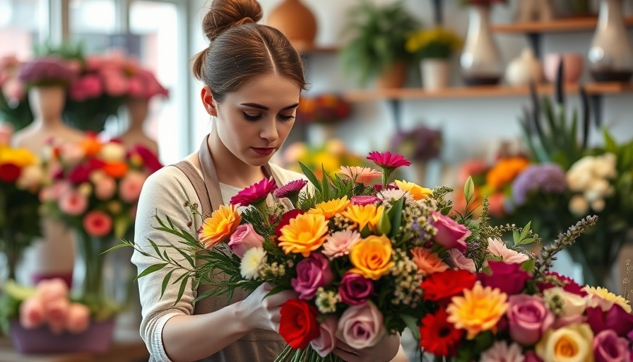 Florist crafting bouquet in flower shop, custom stories engagement.