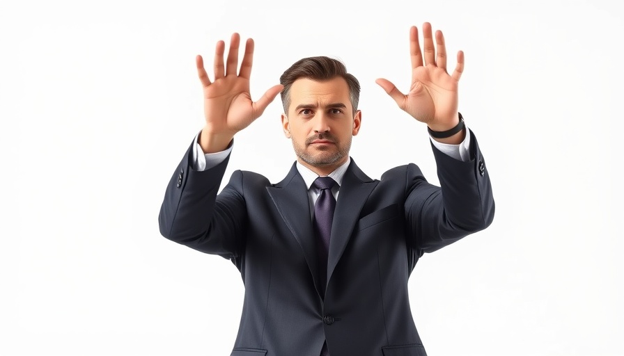 Determined businessman overcoming franchise challenges with raised hands.