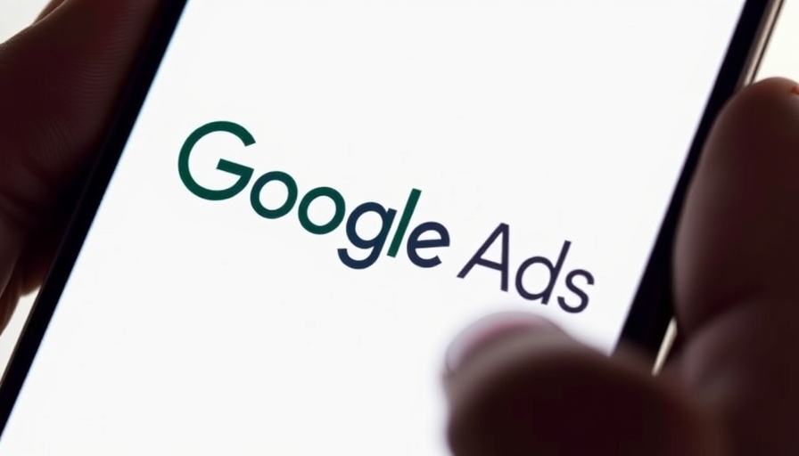 Google Ads app on phone with Google logo in background.