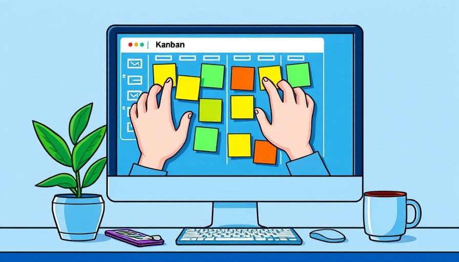 Kanban board in Google Sheets illustration with hands moving notes.