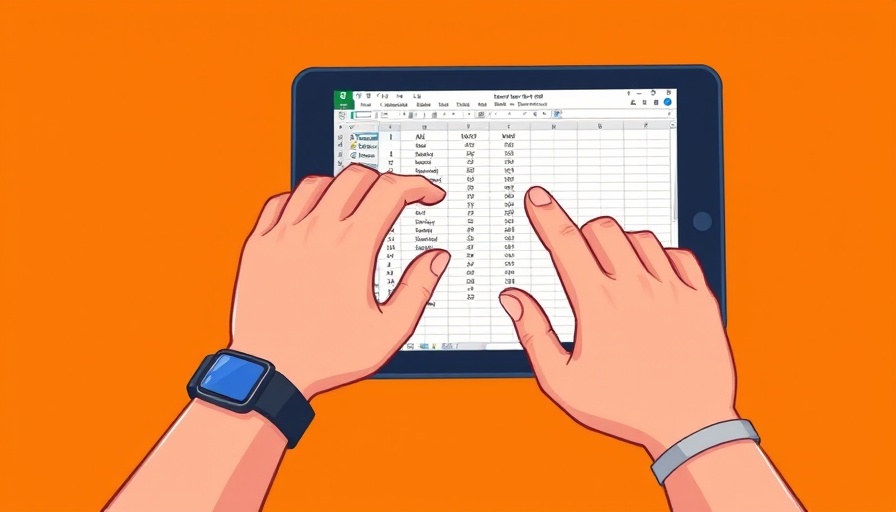 Cartoon hands using an Excel job application tracker on a tablet.