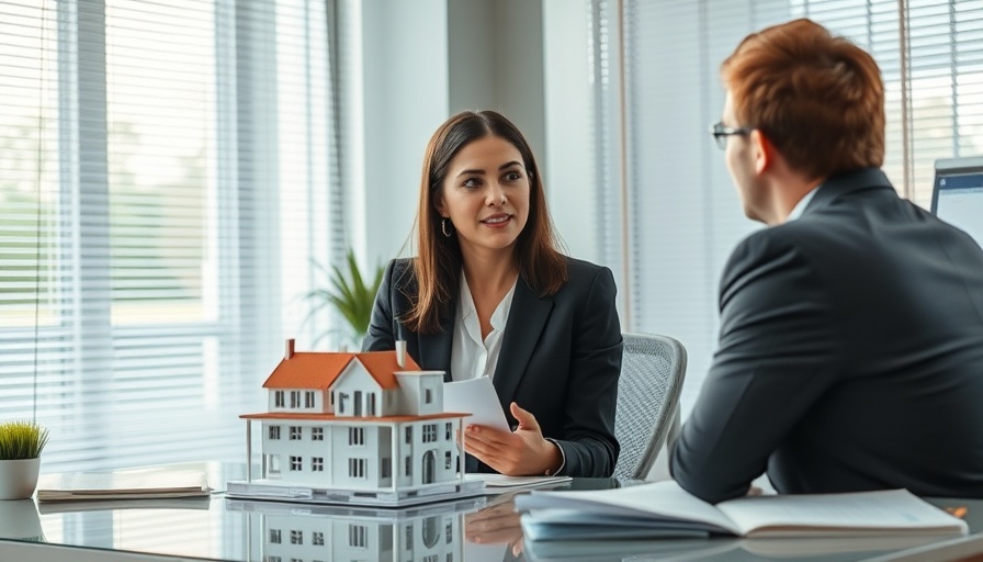 Professional discussing real estate model with client in office