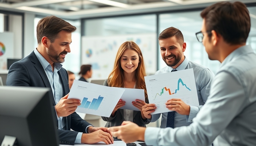 Retail Business Model Success meeting with team discussing graphs in modern office.