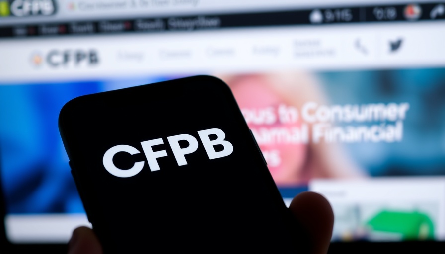 CFPB logo on smartphone display with blurred financial website, highlighting CFPB layoff impact on fintech.