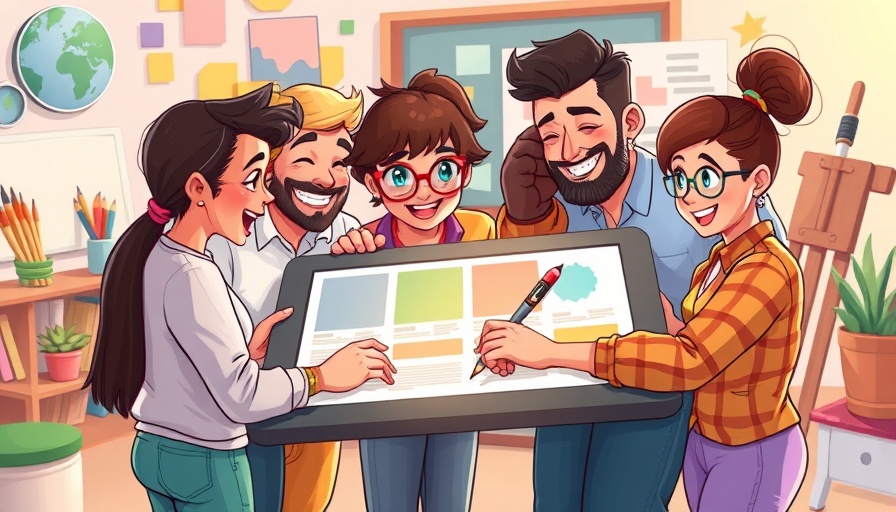 Illustration of a design team using a tablet for templates.