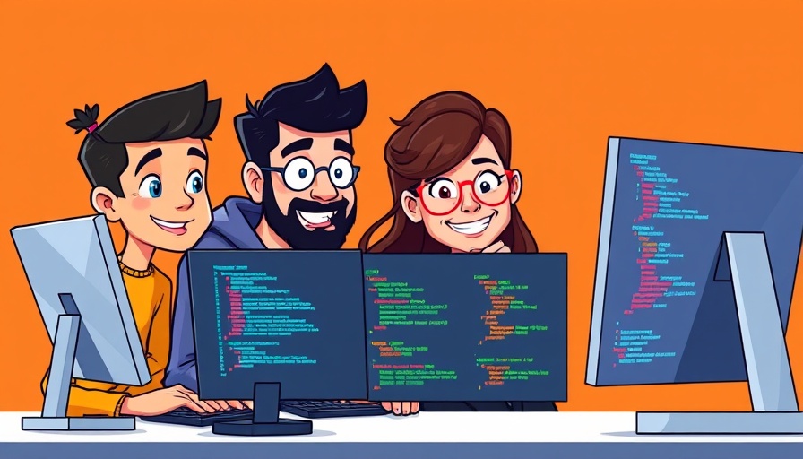 Cartoon developers Collaborate on coding project, vivid colors.