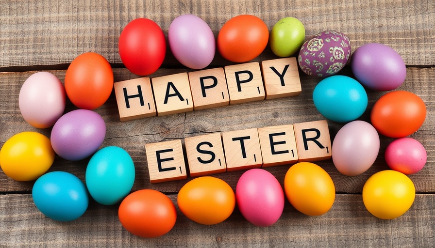 Vibrant Easter eggs and 'Happy Easter' wooden tiles on wood.