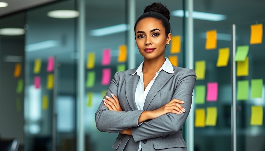 Confident businesswoman in office, modern workspace, email marketing strategies.