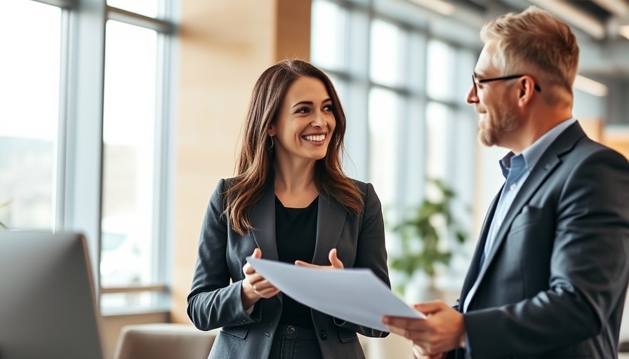 Business professionals conversing in a modern office, Manta Business Directory.