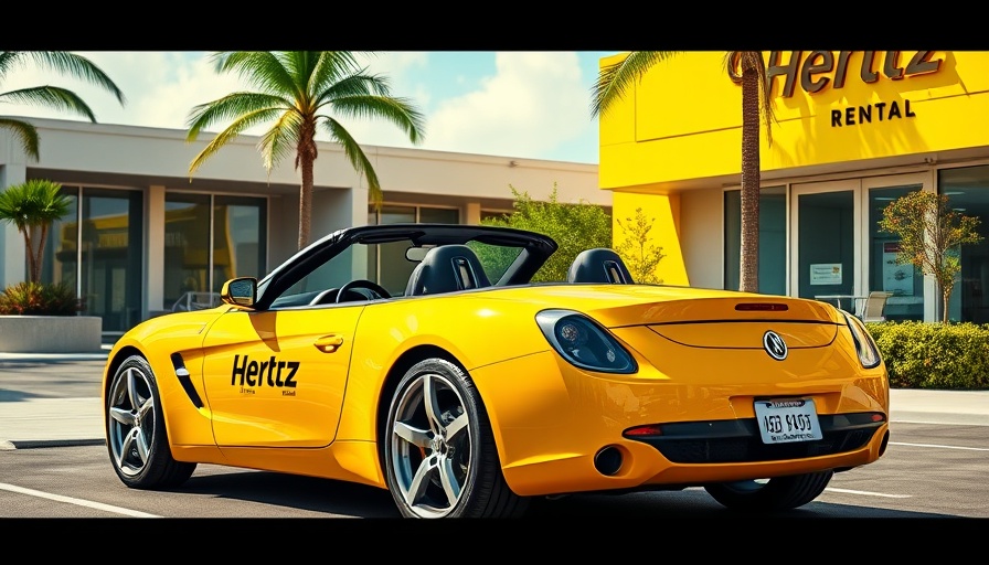 Yellow Hertz convertible at rental facility, sunny day.
