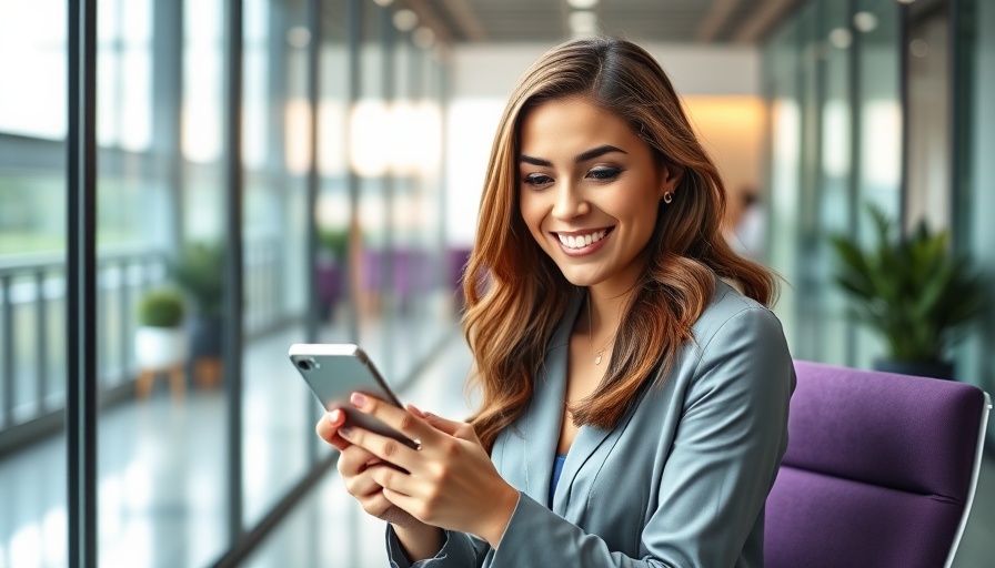 Young woman at desk with phone and laptop for business conference insights.