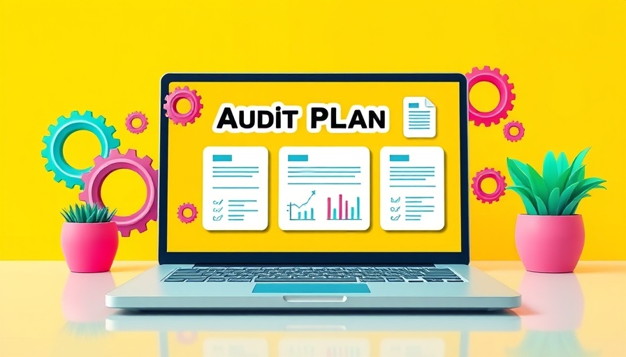 Colorful digital interface featuring audit plan templates for 2025 on laptop.
