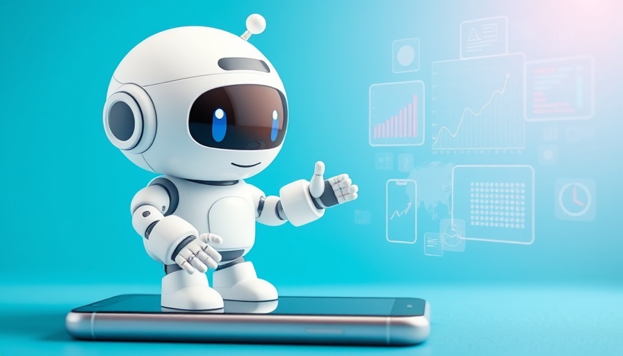 Cute robot interacting with digital screens, AI for Productivity, on a blue background.