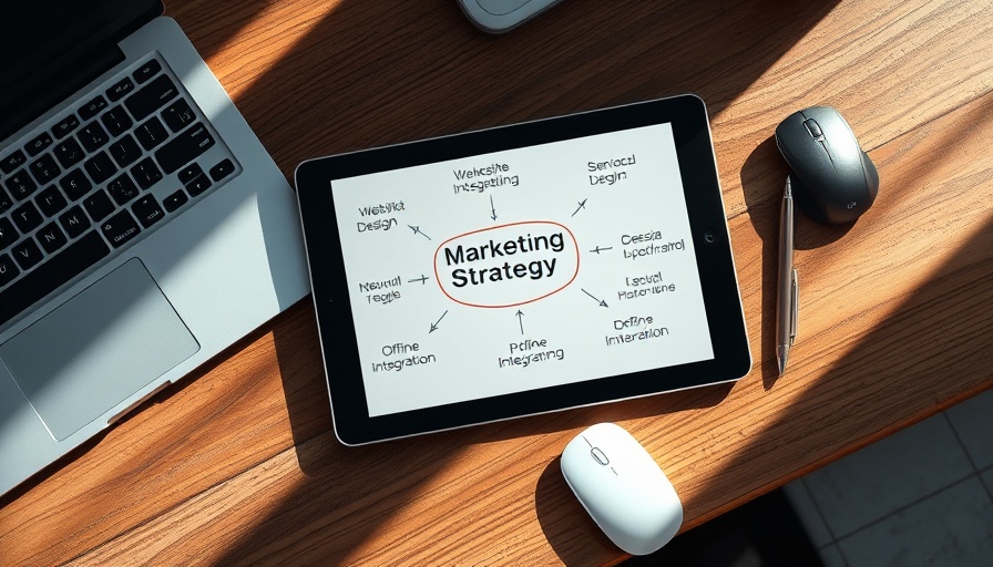 Tablet showing marketing strategy circle near laptop and pen, local marketing tactics