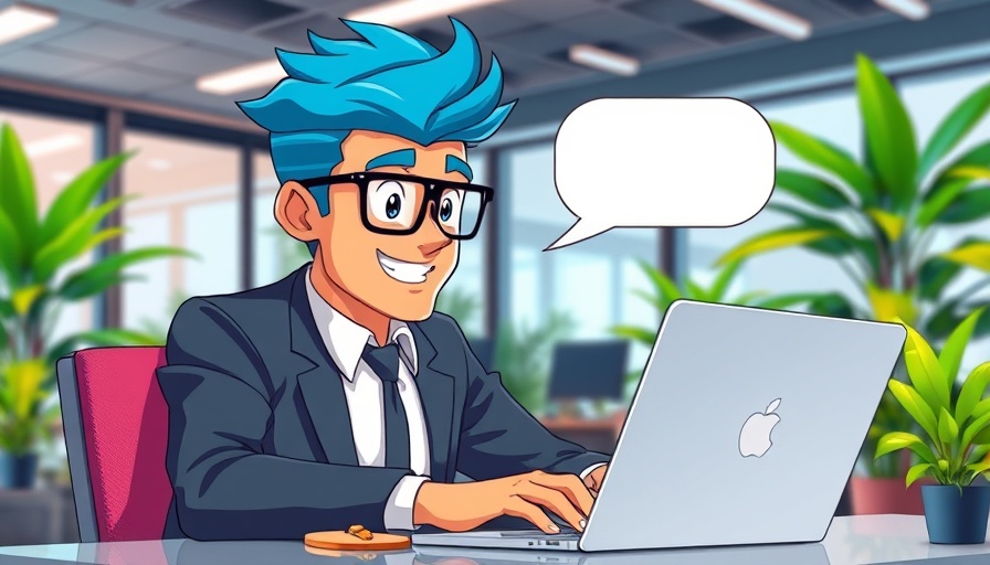 Animated businessman with AI in cartoon office, vibrant style.
