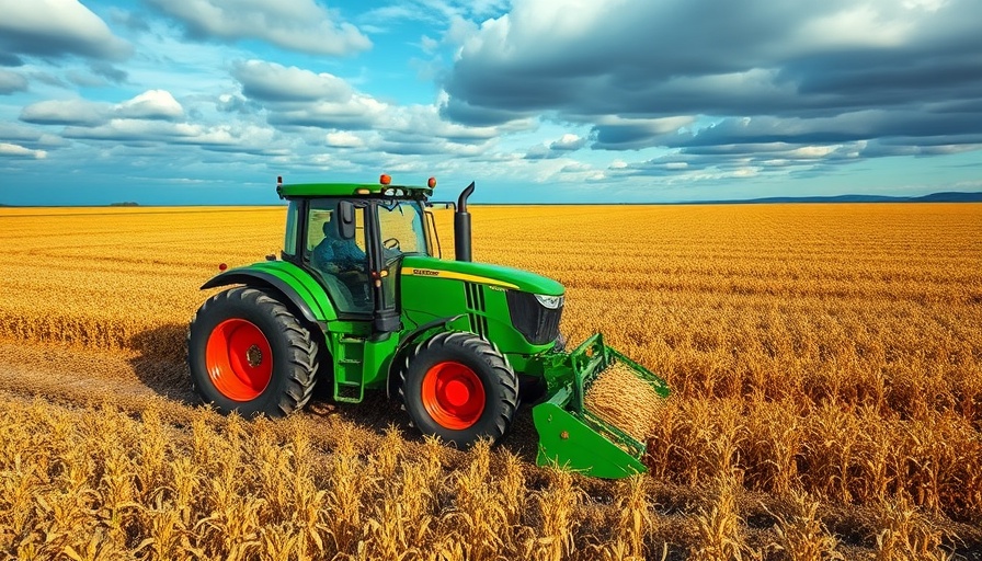 Tractor in cornfield representing tariffs and trade disruptions in agriculture.