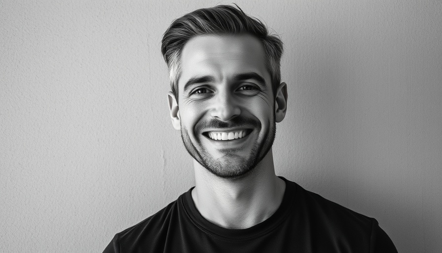 Smiling man with content expression against a textured wall, modern market mix modeling.