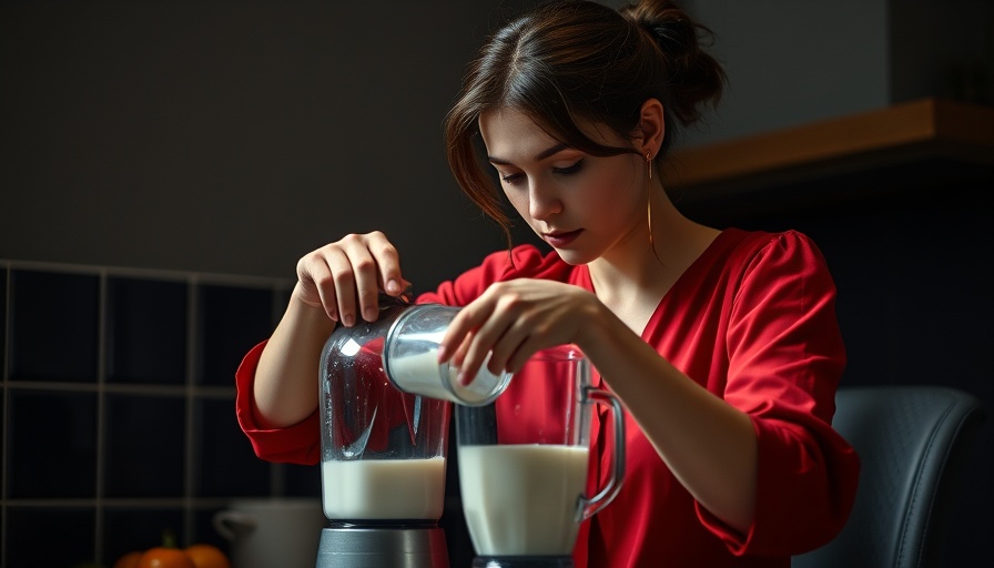 Woman making milkshake in kitchen, focusing, pouring milk