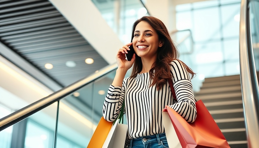 Smiling woman carrying shopping bags in a bright staircase.