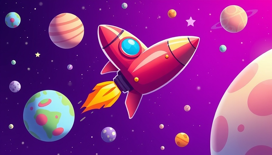 Rocketship navigating career map with planets for business growth.