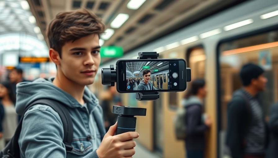 Casual video filming in urban train station using smartphone on gimbal for high-quality video production on a budget.