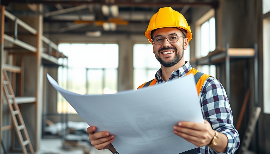 Confident construction worker with plans in modern site, smiling.