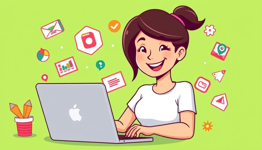 Cartoon woman using laptop with marketing icons on green background.