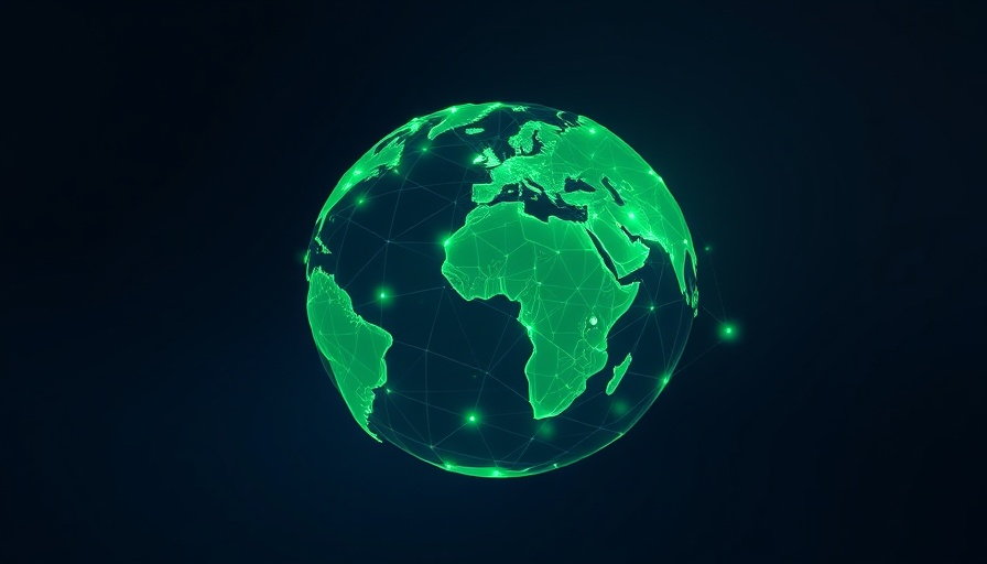 Digital green globe with glowing connections on blue background, symbolizing sustainability communications.