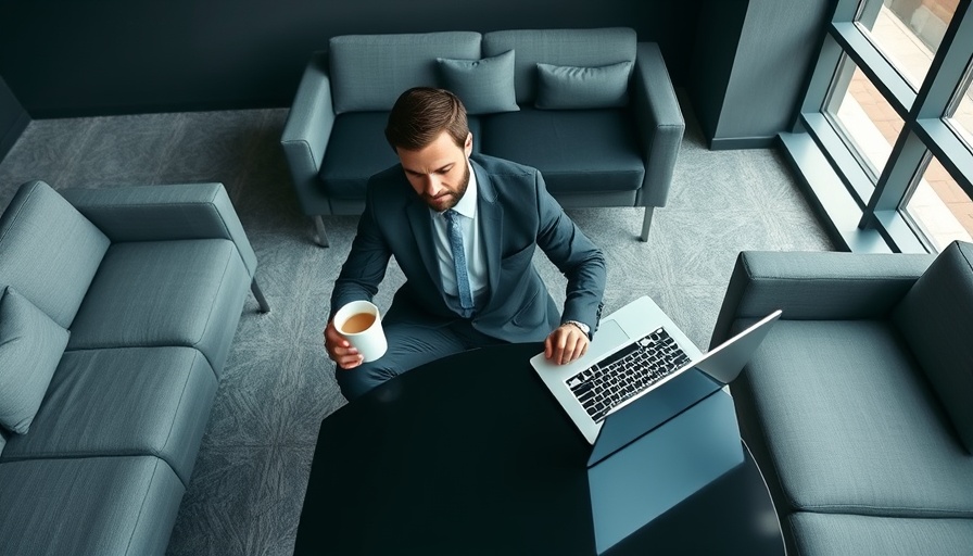 Businessman managing operations with laptop, coffee in office setting.