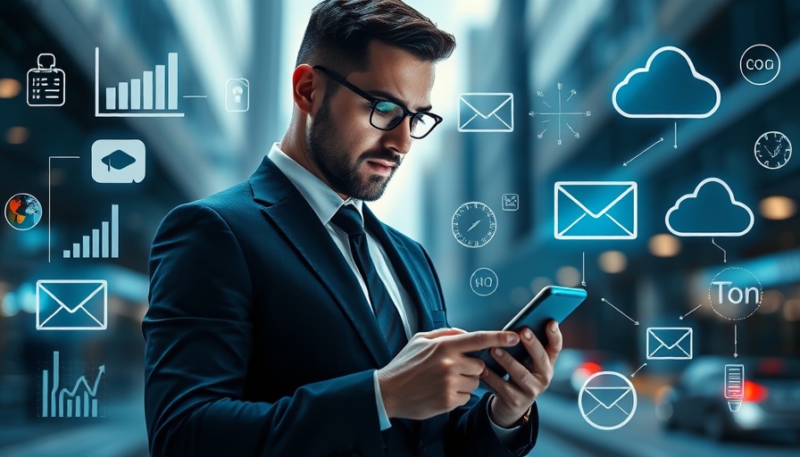 Businessman using phone with digital marketing icons, representing local mobile marketing strategies.
