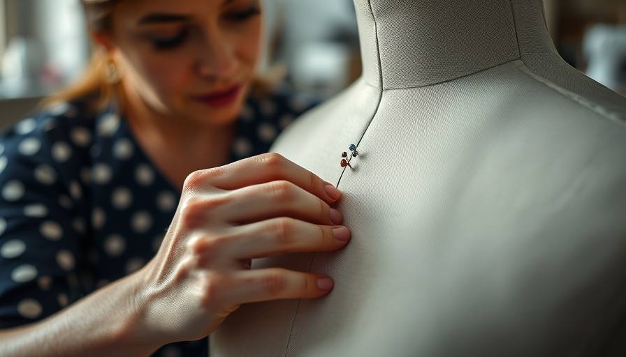 Close-up of hand pinning fabric on dress form, shoppable idea pins