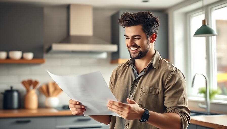 Young man reviewing document in a modern kitchen, representing understanding financial policies.