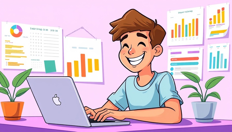 Cartoon person using a laptop with planning charts in background.