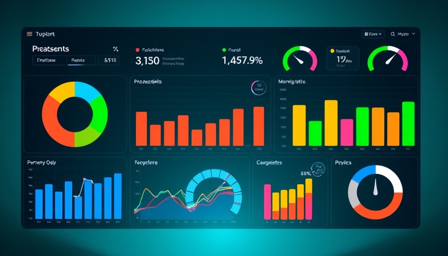 Colorful dashboard with pie charts and graphs on teal background.