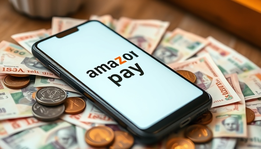 Amazon Pay India investment concept with currency notes and phone.