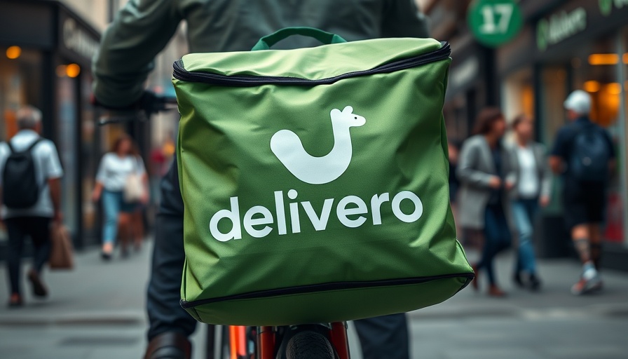 Deliveroo rider bag on bike, street scene, Deliveroo acquisition by DoorDash.