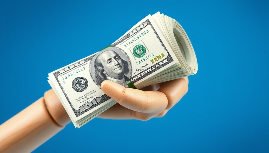 Wooden hand holding rolled money on blue background. How to make money on Facebook.