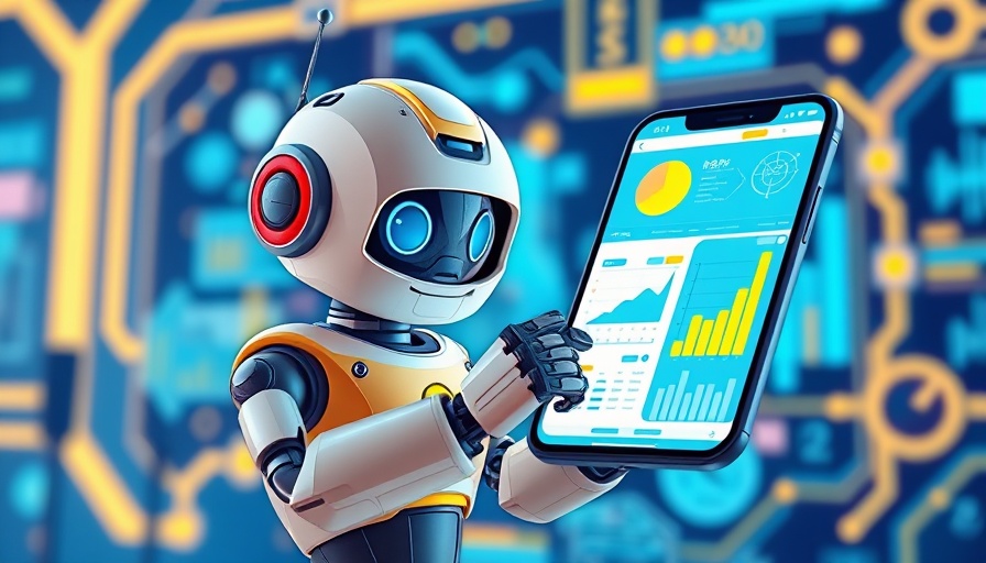 Cute robot analyzing data on a smartphone, AI courses for marketing illustration.