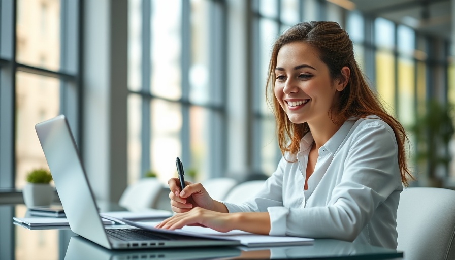 Young woman smiling while working on laptop in modern office, strategies for new entrepreneurs.